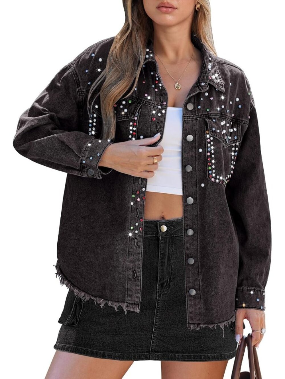Women's Black Jean Trendy Rhinestones Pearls Embellished Sparkly Frayed Jacket